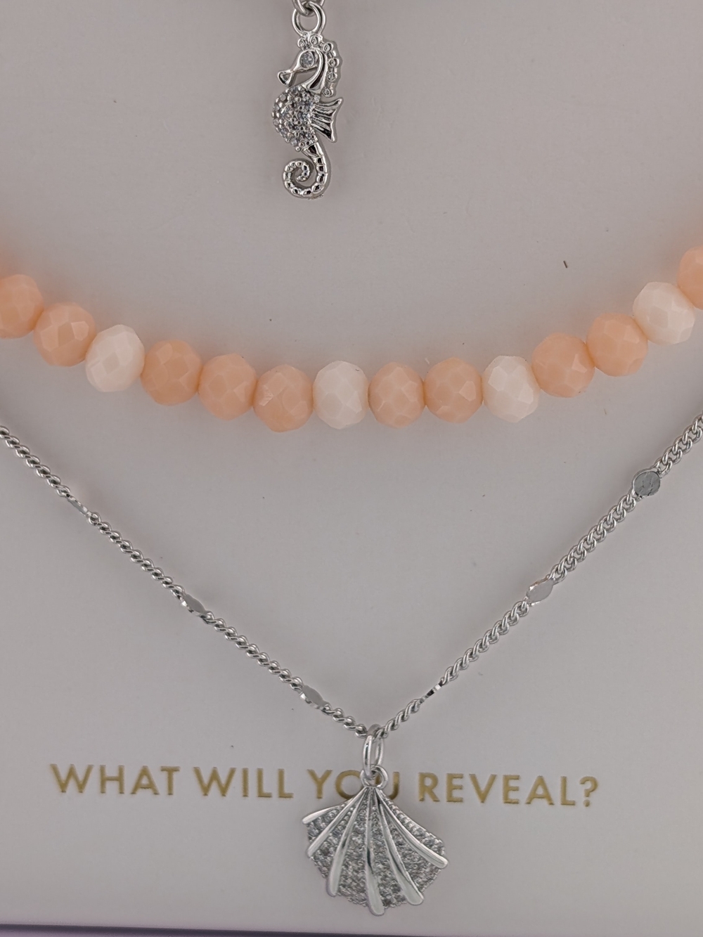 Peach Beaded Layered Necklace Set with Silver Sea Charms - Picture 2 of 5